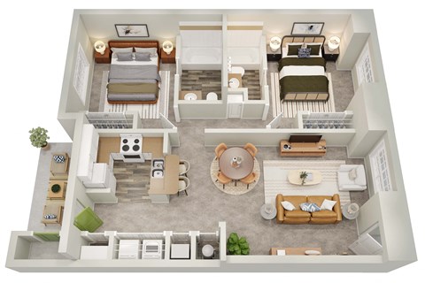 A 3D floor plan of a house with a living room, dining room, kitchen, and bedrooms.